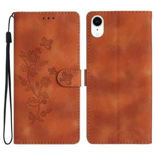 For iPhone XR Flower Butterfly Embossing Pattern Leather Phone Case(Brown)