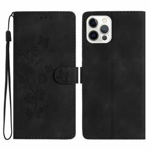For iPhone 15 Pro Flower Butterfly Embossing Pattern Leather Phone Case(Black)