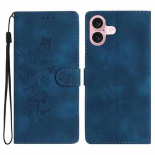 For iPhone 16 Flower Butterfly Embossing Pattern Leather Phone Case(Blue)