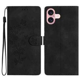 For iPhone 16 Flower Butterfly Embossing Pattern Leather Phone Case(Black)