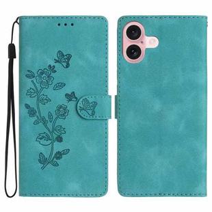 For iPhone 16 Plus Flower Butterfly Embossing Pattern Leather Phone Case(Sky Blue)