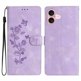 For iPhone 17 Flower Butterfly Embossing Pattern Leather Phone Case(Purple)