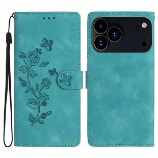 For iPhone 17 Pro Flower Butterfly Embossing Pattern Leather Phone Case(Sky Blue)
