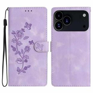 For iPhone 17 Pro Flower Butterfly Embossing Pattern Leather Phone Case(Purple)