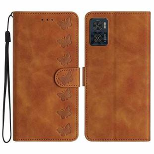 For Motorola Moto E22 Seven Butterflies Embossed Leather Phone Case(Brown)