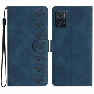 For Motorola Moto E22 Seven Butterflies Embossed Leather Phone Case(Blue)