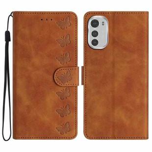 For Motorola Moto E32 Seven Butterflies Embossed Leather Phone Case(Brown)