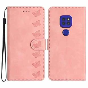 For Motorola Moto G9 Seven Butterflies Embossed Leather Phone Case(Pink)