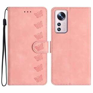 For Xiaomi 12 Pro Seven Butterflies Embossed Leather Phone Case(Pink)