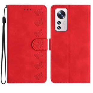 For Xiaomi 12 Pro Seven Butterflies Embossed Leather Phone Case(Red)