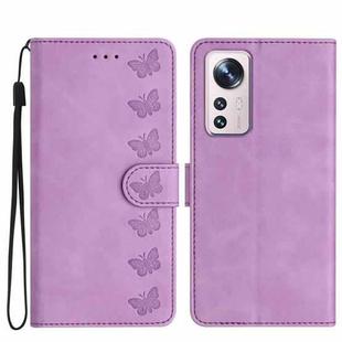 For Xiaomi 12 Pro Seven Butterflies Embossed Leather Phone Case(Purple)