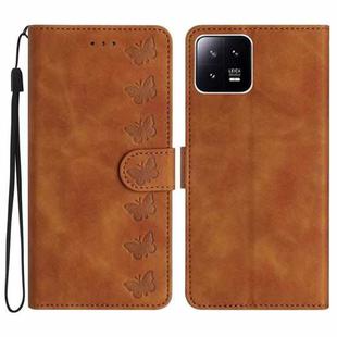 For Xiaomi 13 Seven Butterflies Embossed Leather Phone Case(Brown)