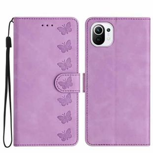 For Xiaomi Mi 11 Lite Seven Butterflies Embossed Leather Phone Case(Purple)