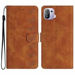 For Xiaomi Mi 11 Pro Seven Butterflies Embossed Leather Phone Case(Brown)