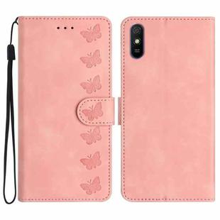 For Xiaomi Redmi 9A Seven Butterflies Embossed Leather Phone Case(Pink)