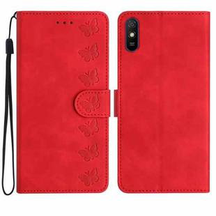 For Xiaomi Redmi 9A Seven Butterflies Embossed Leather Phone Case(Red)