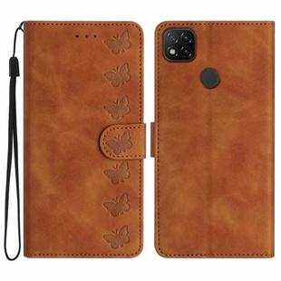 For Xiaomi Redmi 9C Seven Butterflies Embossed Leather Phone Case(Brown)