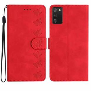 For Samsung Galaxy A02s EU Version Seven Butterflies Embossed Leather Phone Case(Red)