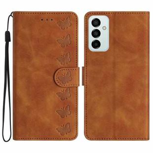 For Samsung Galaxy M52 5G Seven Butterflies Embossed Leather Phone Case(Brown)