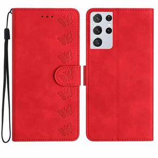For Samsung Galaxy S21 Ultra 5G Seven Butterflies Embossed Leather Phone Case(Red)