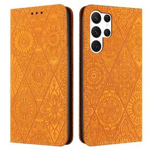 For Samsung Galaxy S23 Ultra 5G Ethnic Embossed Adsorption Leather Phone Case(Yellow)