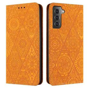 For Samsung Galaxy S22 5G Ethnic Embossed Adsorption Leather Phone Case(Yellow)