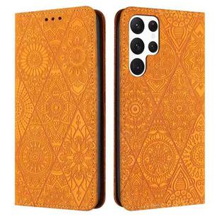 For Samsung Galaxy S22 Ultra 5G Ethnic Embossed Adsorption Leather Phone Case(Yellow)