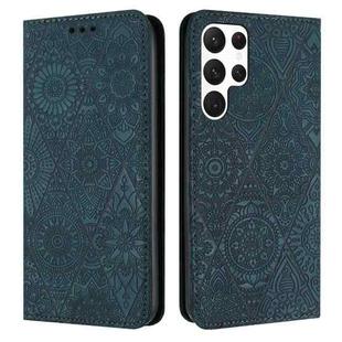 For Samsung Galaxy S22 Ultra 5G Ethnic Embossed Adsorption Leather Phone Case(Blue)