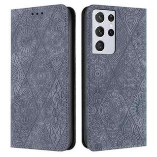 For Samsung Galaxy S21 Ultra 5G Ethnic Embossed Adsorption Leather Phone Case(Grey)