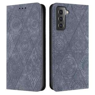 For Samsung Galaxy S21 FE 5G Ethnic Embossed Adsorption Leather Phone Case(Grey)