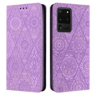 For Samsung Galaxy S20 Ultra Ethnic Embossed Adsorption Leather Phone Case(Purple)