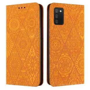 For Samsung Galaxy A03s 166mm Ethnic Embossed Adsorption Leather Phone Case(Yellow)