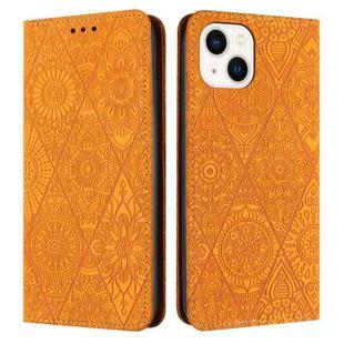 For iPhone 14 Ethnic Embossed Adsorption Leather Phone Case(Yellow)