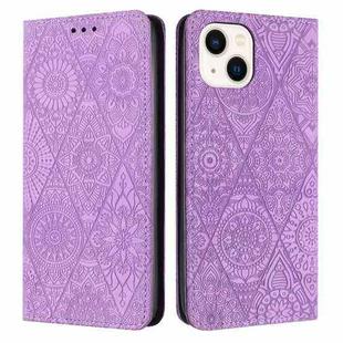 For iPhone 14 Ethnic Embossed Adsorption Leather Phone Case(Purple)