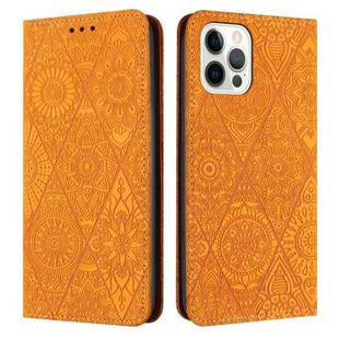 For iPhone 14 Pro Ethnic Embossed Adsorption Leather Phone Case(Yellow)