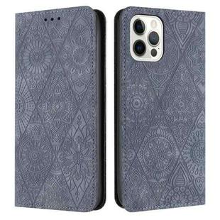 For iPhone 14 Pro Ethnic Embossed Adsorption Leather Phone Case(Grey)