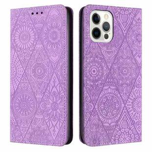 For iPhone 14 Pro Max Ethnic Embossed Adsorption Leather Phone Case(Purple)