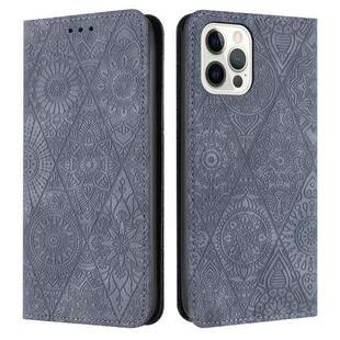 For iPhone 14 Pro Max Ethnic Embossed Adsorption Leather Phone Case(Grey)