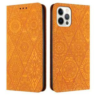 For iPhone 13 Pro Ethnic Embossed Adsorption Leather Phone Case(Yellow)