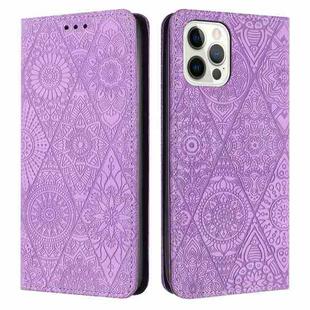 For iPhone 13 Pro Ethnic Embossed Adsorption Leather Phone Case(Purple)