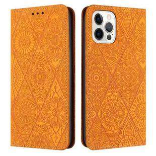 For iPhone 13 Pro Max Ethnic Embossed Adsorption Leather Phone Case(Yellow)