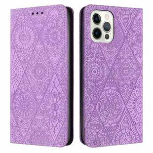 For iPhone 13 Pro Max Ethnic Embossed Adsorption Leather Phone Case(Purple)