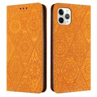 For iPhone 12 / 12 Pro Ethnic Embossed Adsorption Leather Phone Case(Yellow)