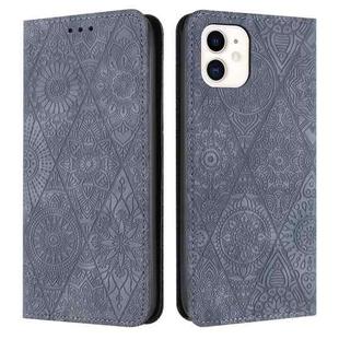 For iPhone 11 Ethnic Embossed Adsorption Leather Phone Case(Grey)