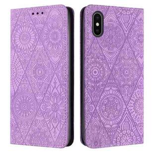 For iPhone X / XS Ethnic Embossed Adsorption Leather Phone Case(Purple)