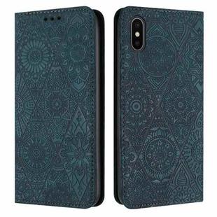 For iPhone X / XS Ethnic Embossed Adsorption Leather Phone Case(Blue)