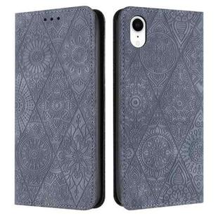 For iPhone XR Ethnic Embossed Adsorption Leather Phone Case(Grey)