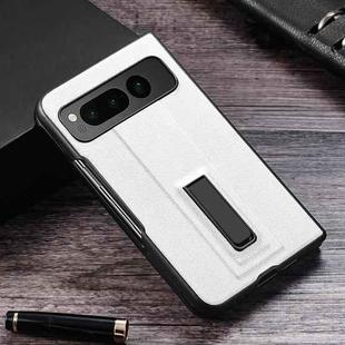 For Google Pixel Fold PC + Leather Texture Protective Phone Case with Metal Holder(White)