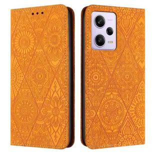 For Redmi Note 12 Pro 4G Ethnic Embossed Adsorption Leather Phone Case(Yellow)