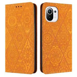 For Xiaomi 11 Lite Ethnic Embossed Adsorption Leather Phone Case(Yellow)